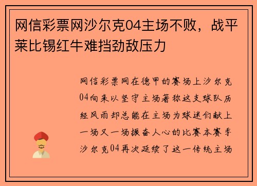 网信彩票网沙尔克04主场不败，战平莱比锡红牛难挡劲敌压力