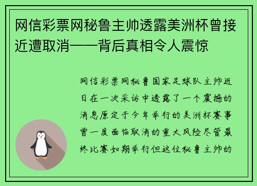 网信彩票网秘鲁主帅透露美洲杯曾接近遭取消——背后真相令人震惊