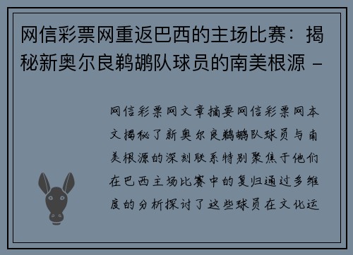 网信彩票网重返巴西的主场比赛：揭秘新奥尔良鹈鹕队球员的南美根源 - 副本