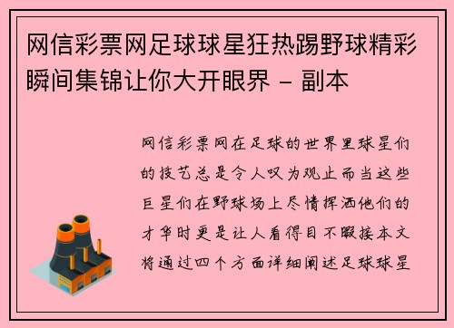 网信彩票网足球球星狂热踢野球精彩瞬间集锦让你大开眼界 - 副本