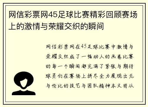 网信彩票网45足球比赛精彩回顾赛场上的激情与荣耀交织的瞬间