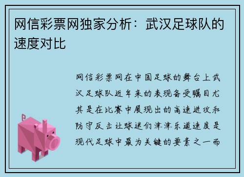 网信彩票网独家分析：武汉足球队的速度对比