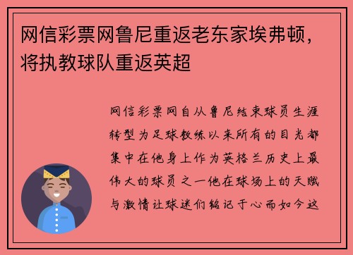 网信彩票网鲁尼重返老东家埃弗顿，将执教球队重返英超