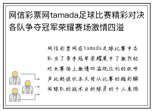 网信彩票网tamada足球比赛精彩对决各队争夺冠军荣耀赛场激情四溢