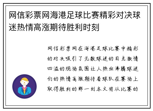 网信彩票网海港足球比赛精彩对决球迷热情高涨期待胜利时刻