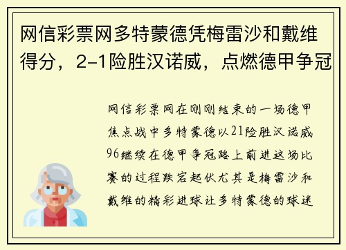网信彩票网多特蒙德凭梅雷沙和戴维得分，2-1险胜汉诺威，点燃德甲争冠希望