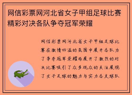 网信彩票网河北省女子甲组足球比赛精彩对决各队争夺冠军荣耀