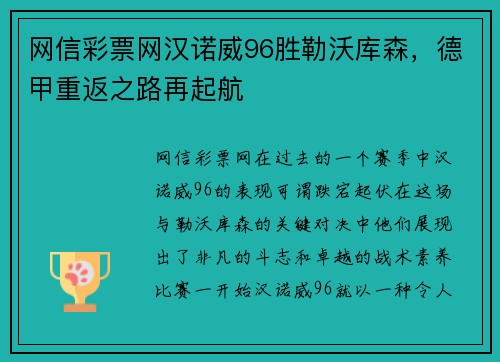 网信彩票网汉诺威96胜勒沃库森，德甲重返之路再起航